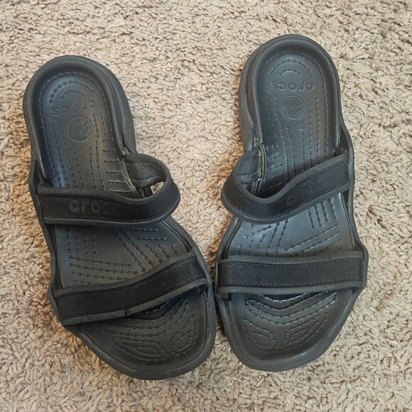 CROCS Shoes - Crocs Cleo Womens 8 Black Double Strap Slide Sandals Open Toe Flat